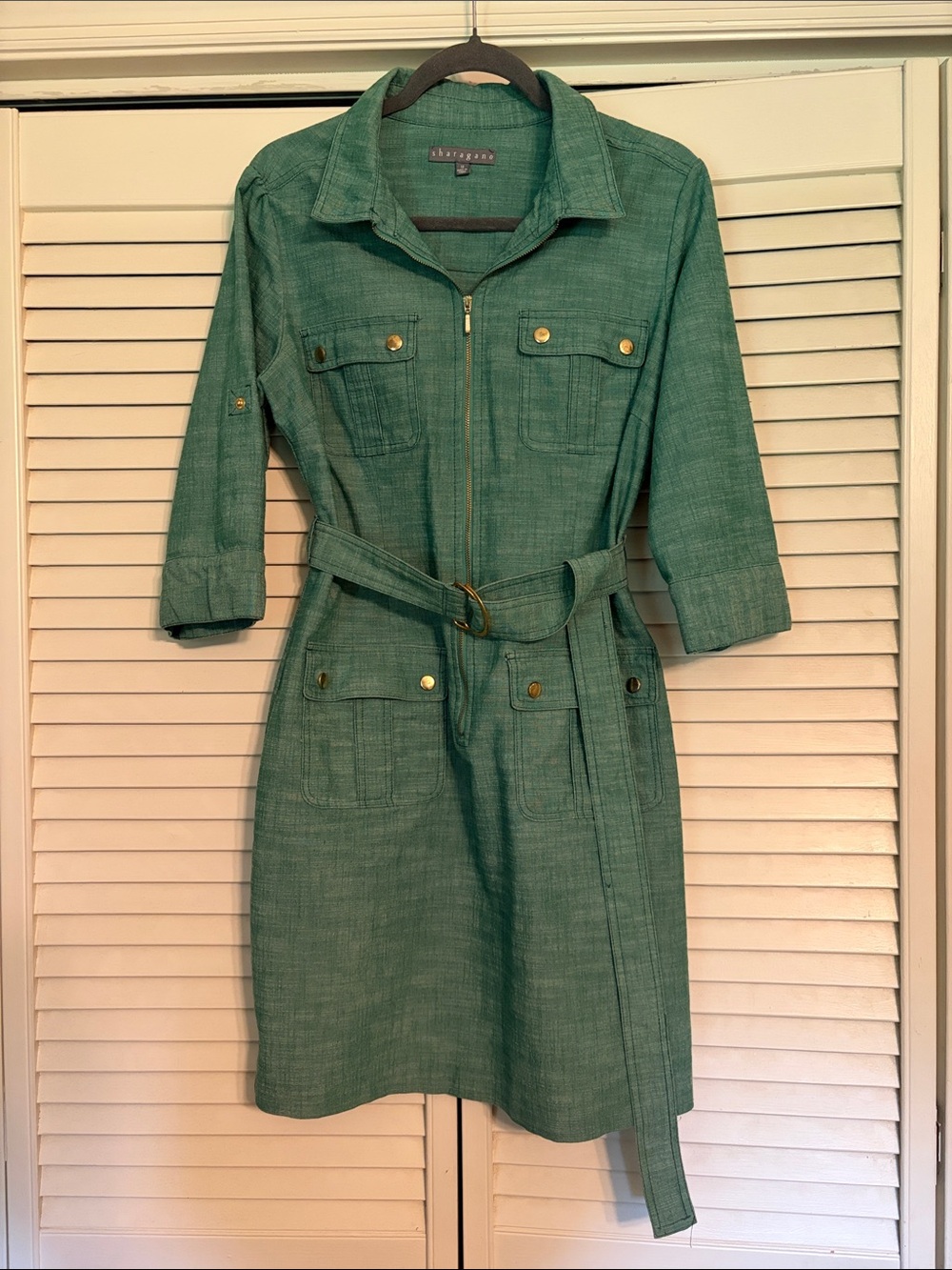 Sharagano Teal Green Belted Utility Shirt Dress